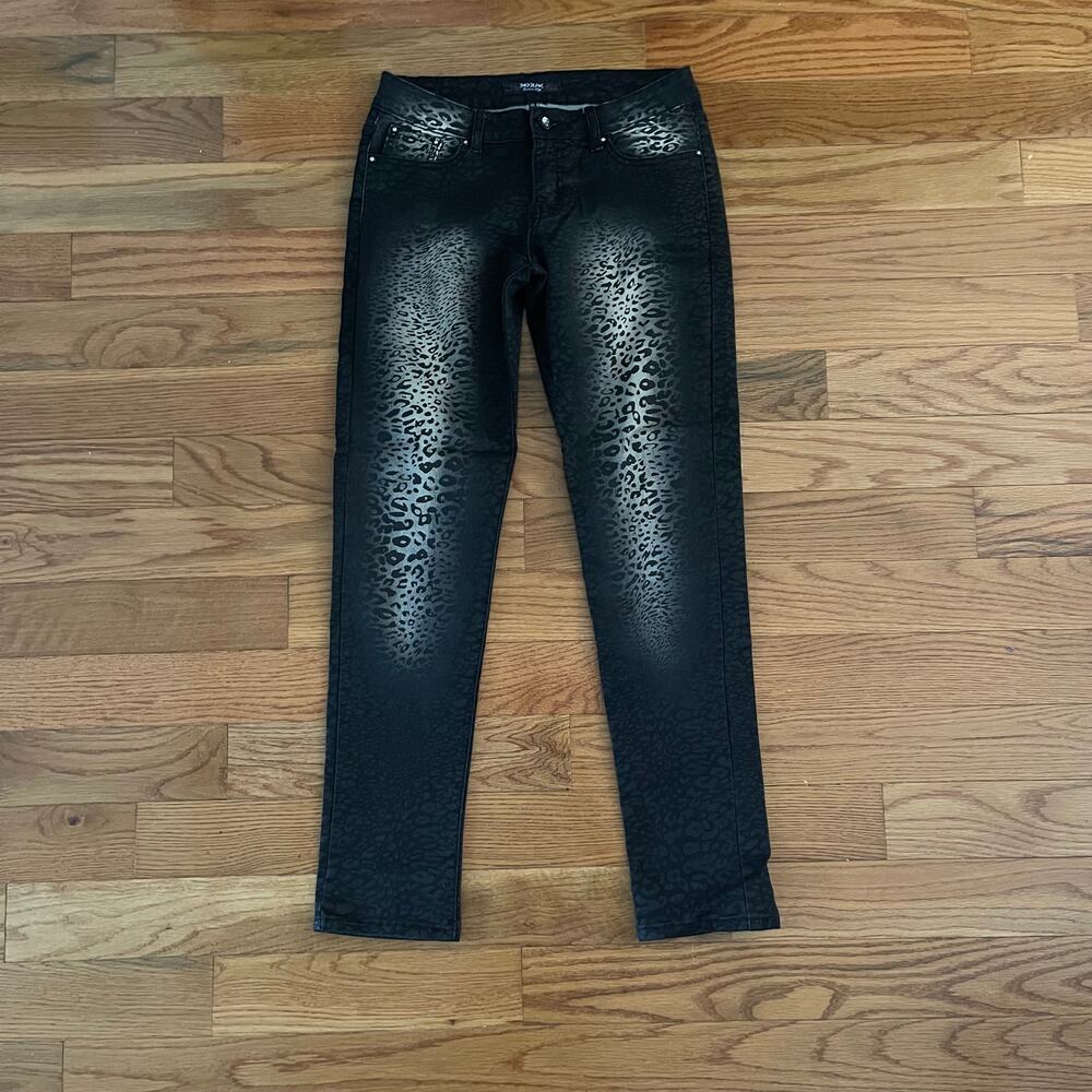 P&P Jeans Black Animal Print Cheetah Straight Leg Jeans Size 7/8 Glam Rock